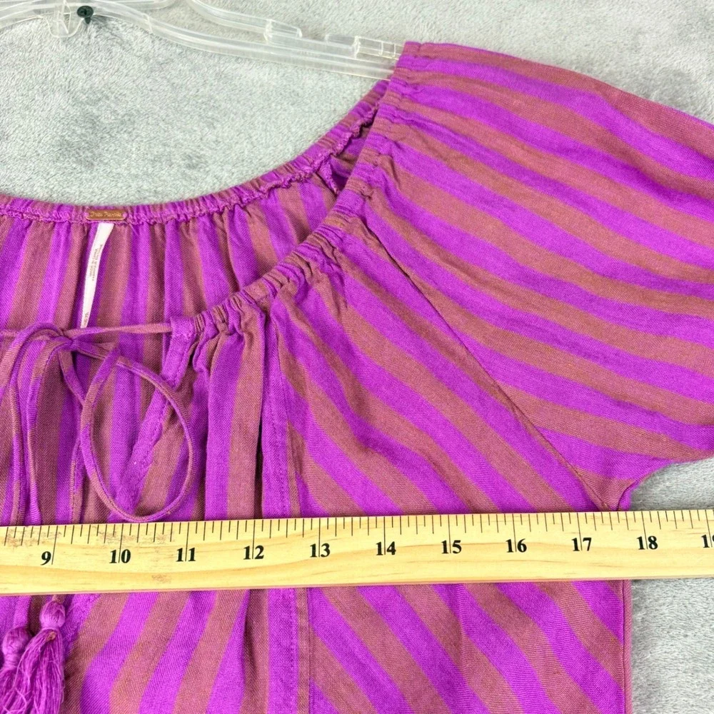 Free People XS Purple Folk Town Striped Linen Blend Tunic Dress Tassel Pockets